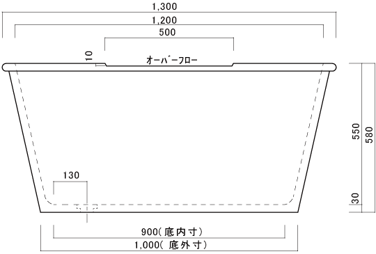 w1300 オーバル磁器バスタブ K2黒の正面の図面
